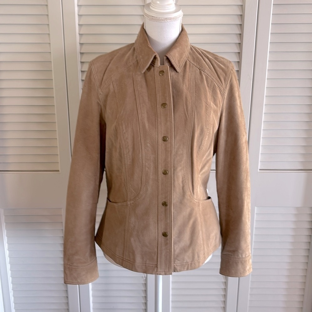 Coldwater Creek Women's Fawn Tan Suede Leather Jacket Snap-Front Lined Size M